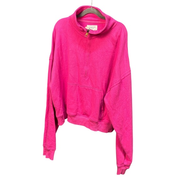 American Eagle XL Neon Hot Pink Quarter Zip Cropped Sweatshirt Pullover Boxy - Picture 4 of 6